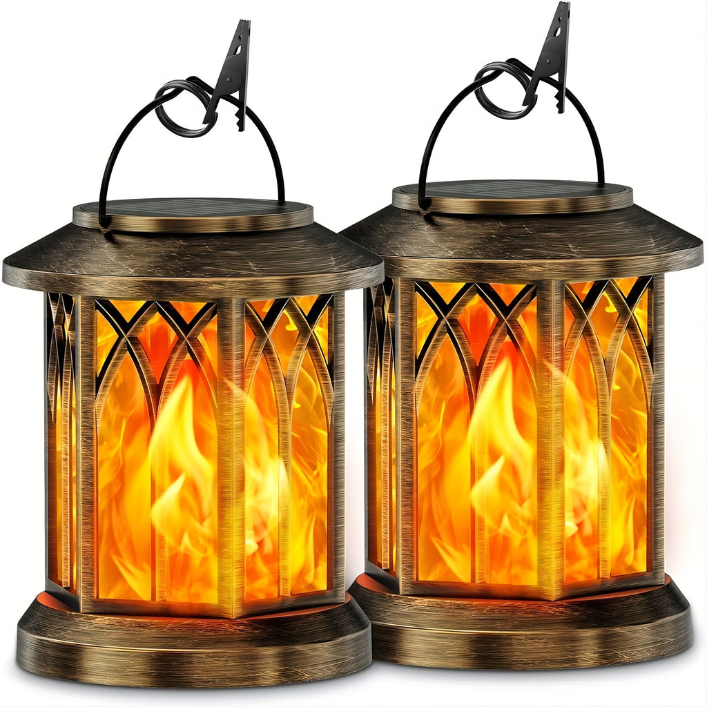 Flickering Flame Solar Hanging Lanterns, Black or Bronze 2-Pack and 4-Pack with Automatic On and Off and Listed IPX5 Rating for Garden and Patio Decor