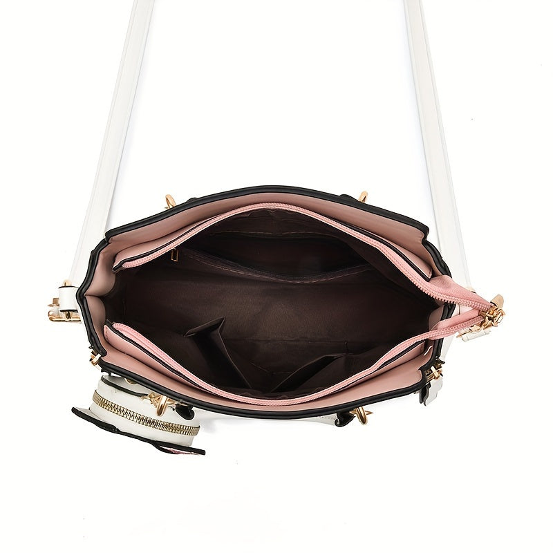 Mini Satchel Handbag with Kitten Pendant for Women, Top Handle Small Purse in Black, White, Pink, Purple, Khaki or Green for Coffee Dates and Casual Outings