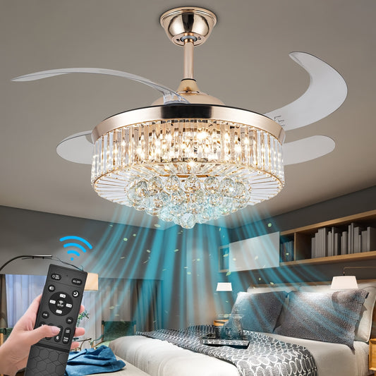 42 Inch Retractable Crystal Ceiling Fan with Light, Reversible Six-Speed Indoor Fandelier with Dimmable Lighting and Golden or Silvery Finish Options for Bedrooms