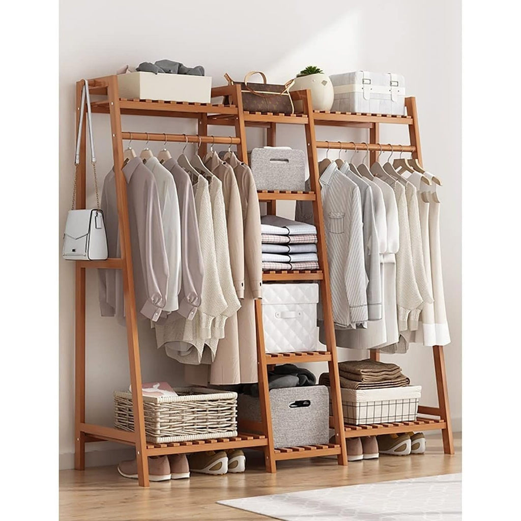 Bamboo Garment Rack with Adjustable Shelves, Five Side Storage Racks and Hat Hooks for Bedroom Organization, Brown or Nature with Four Size and Bag Option Labels