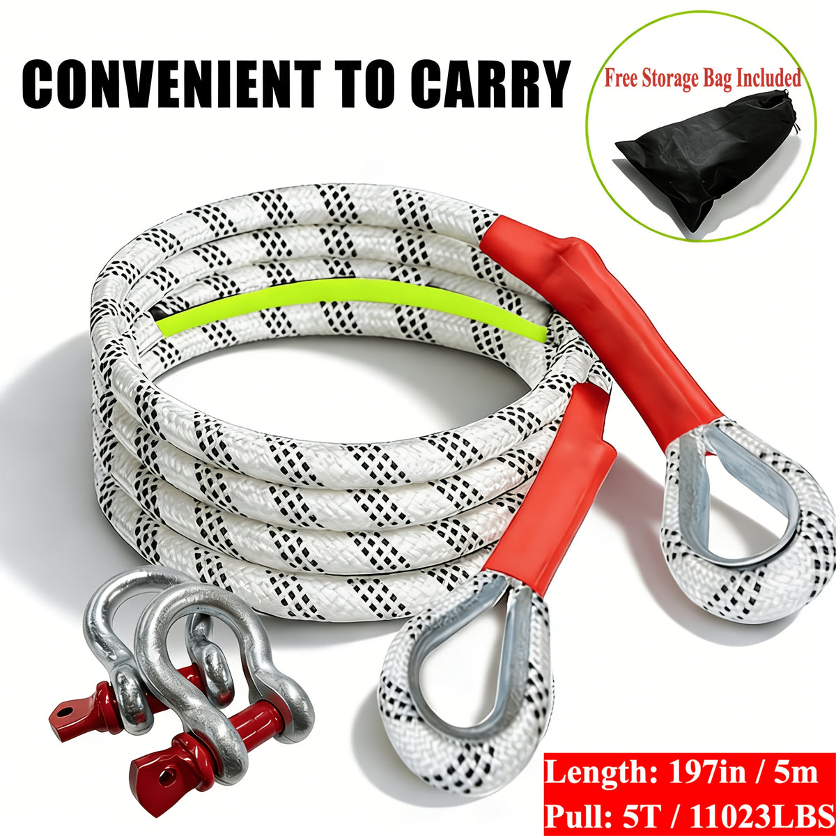 Nylon Tow Rope Kit with Two Steel U-Shaped Hooks and Storage Bag, Listed 16.4-Foot Length in Three Model Options for Compatible Vehicle Equipment