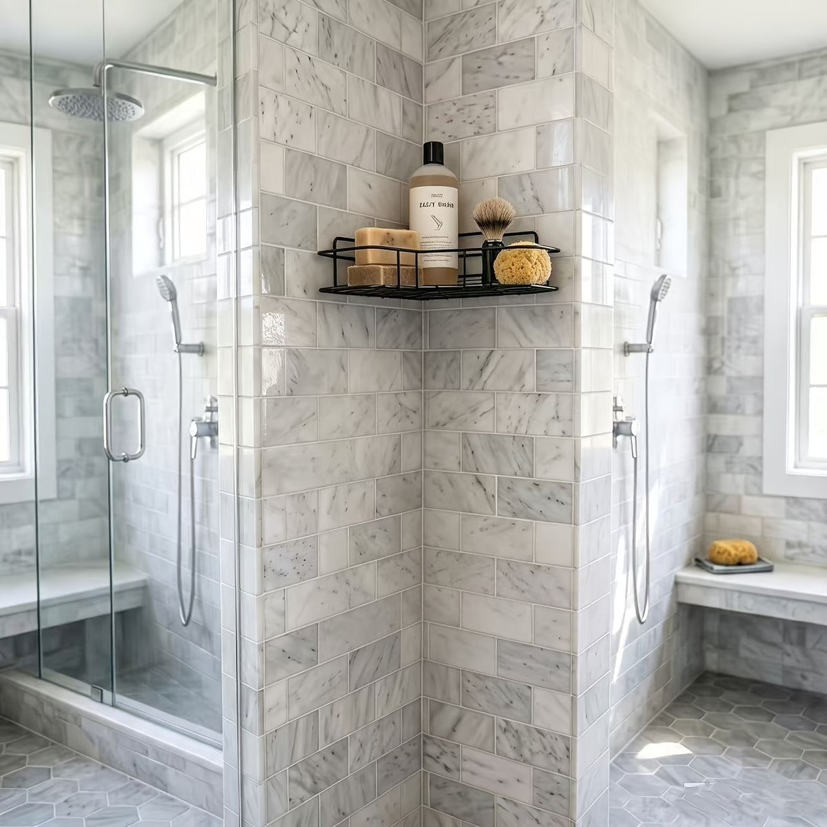 Stainless Steel Corner Shower Shelf in Black, Wall-Mounted Multi-Compartment Organizer for Compatible Shampoo, Conditioner and Cosmetic Bottles in Bathrooms