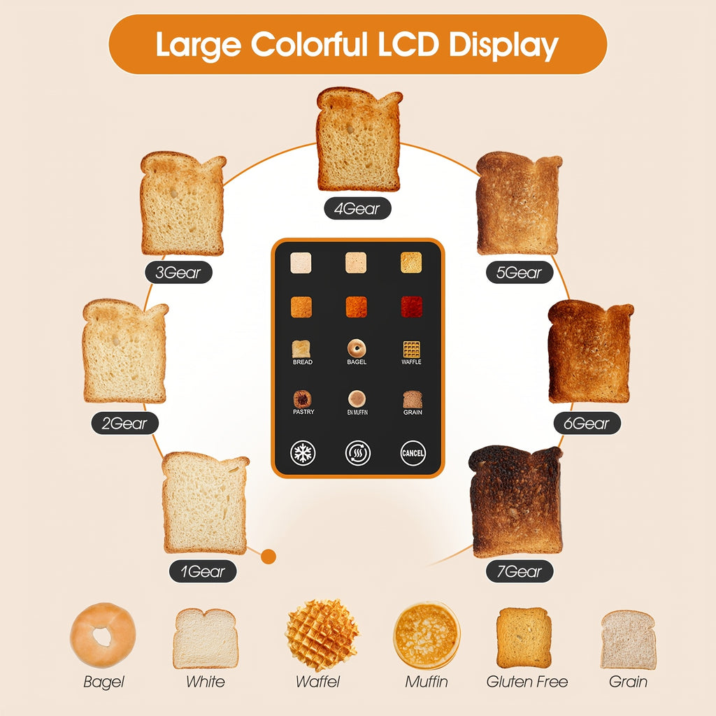 LCD Touchscreen Toaster with Two-Slice Capacity, Six Bread Types and Six Shade Settings, Listed Wide Slots with Bagel, Cancel and Defrost Functions