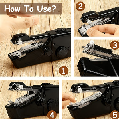 Handheld Sewing Machine Kit in Black or White, Battery-Powered Portable Fabric Tool with Needle, Threader, Spool Pin, Fabric Sample and Two Bobbins for Sewing Tasks