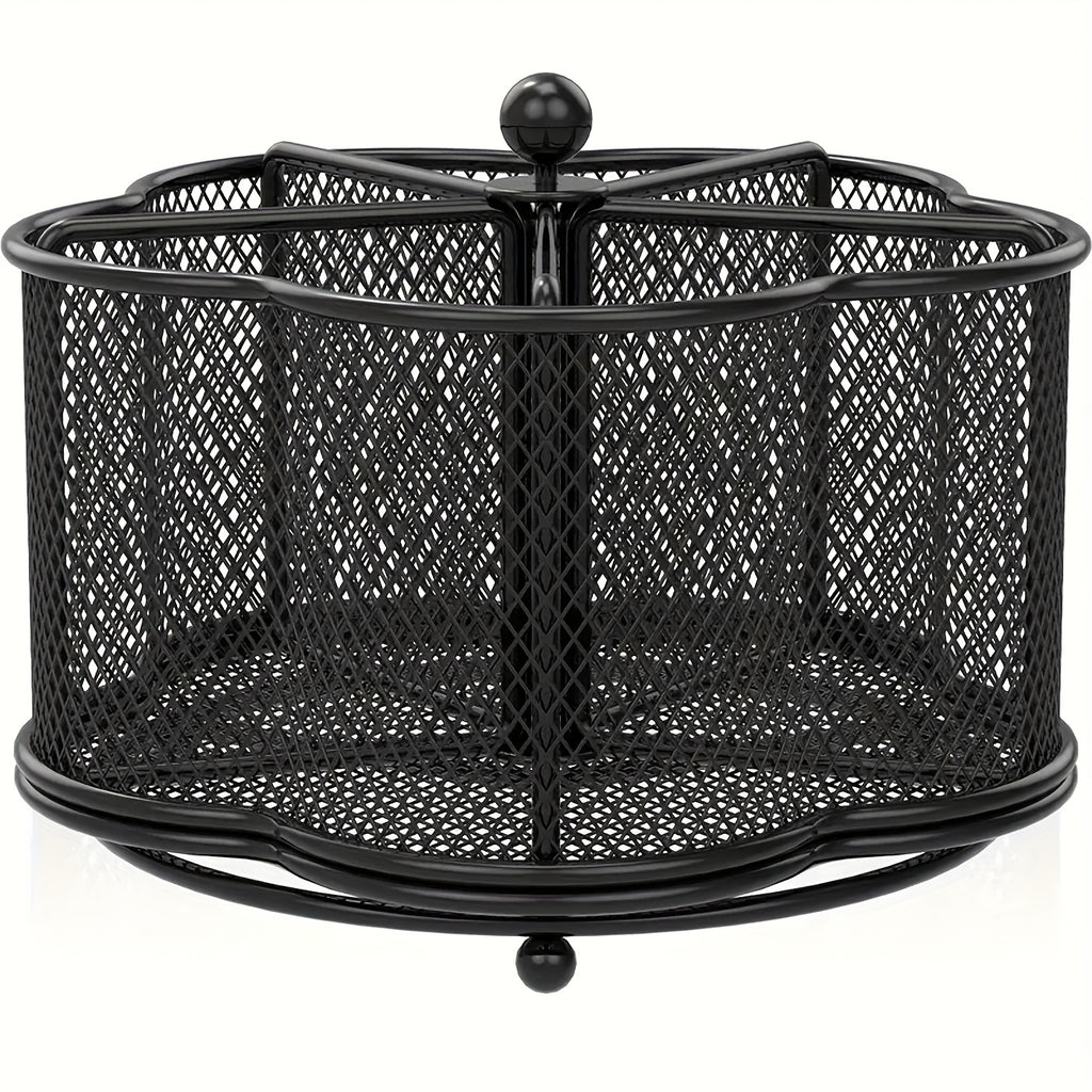 Rotating Metal Utensil Caddy, Five-Compartment Flower-Shaped Mesh Cutlery Organizer with 360-Degree Rotation and Weighted Base for Kitchen Counters and Buffets