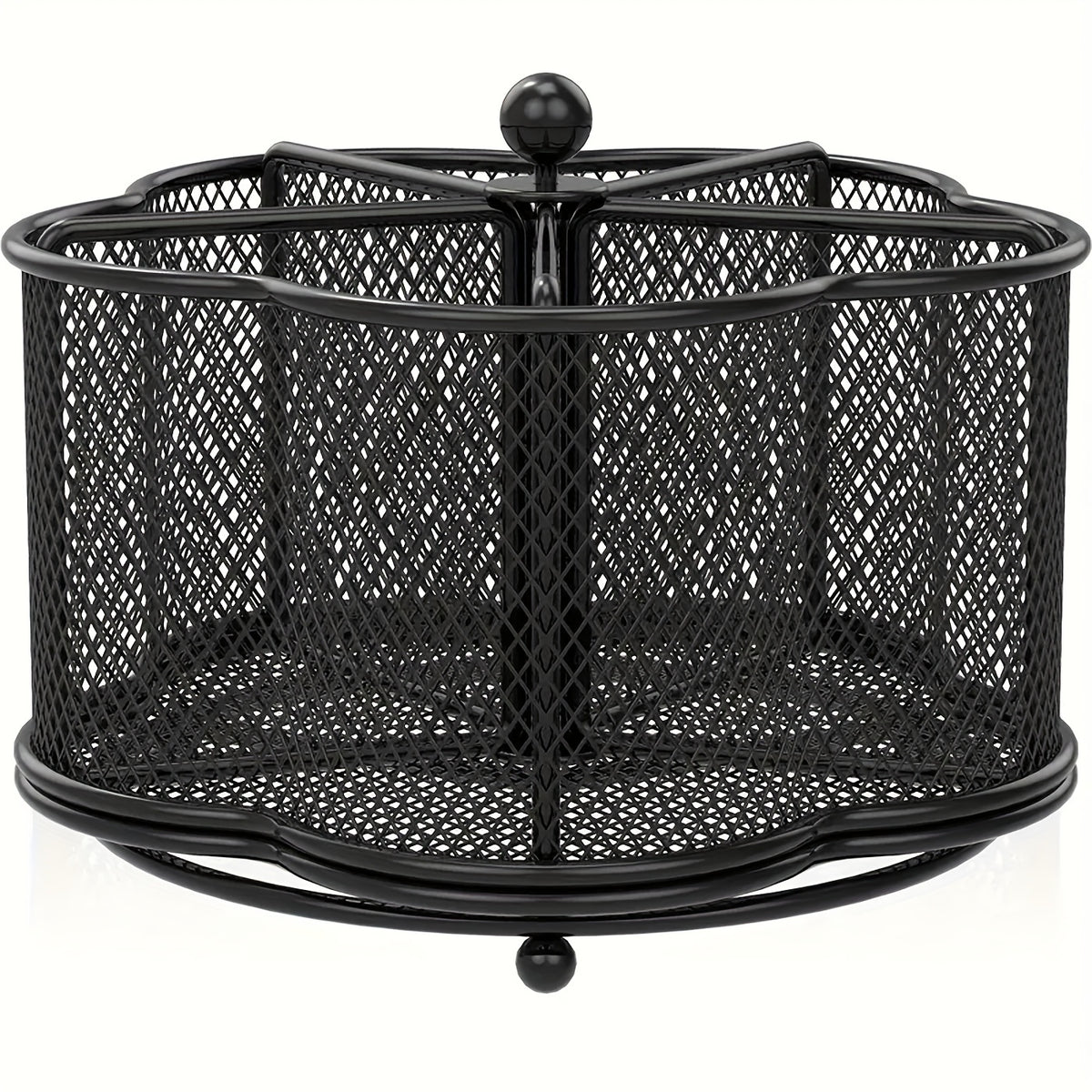 Rotating Metal Utensil Caddy, Five-Compartment Flower-Shaped Mesh Cutlery Organizer with 360-Degree Rotation and Weighted Base for Kitchen Counters and Buffets
