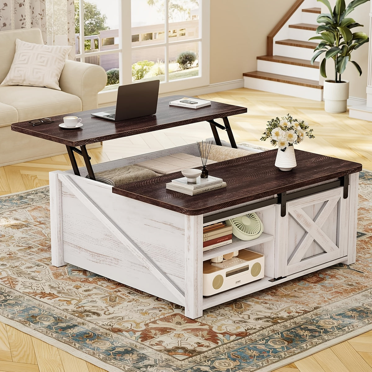 Lift Top Coffee Table with Storage, 31.5-Inch Square Farmhouse Design with Sliding Barn Door, Gas Strut Lift and Adjustable Shelves for Living Rooms