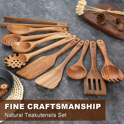 Wooden Cooking Utensils Set, 10-Piece Teak Kitchen Spoon and Spatula Tool Options for Everyday Stirring, Mixing and Meal Preparation in Home Kitchens