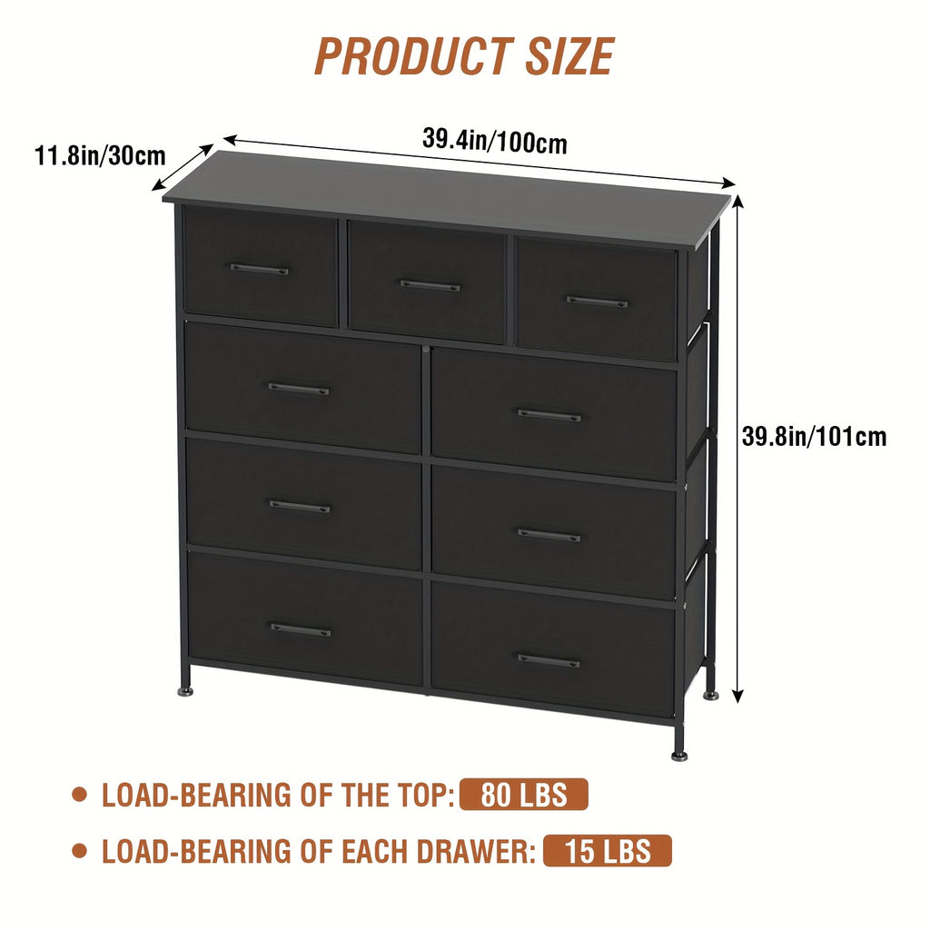 Fabric Drawer Dresser with 5, 8 or 9 Drawers, Steel Frame and Wooden Top for Bedroom, Closet and Entryway Storage in Black, Grey or Nature