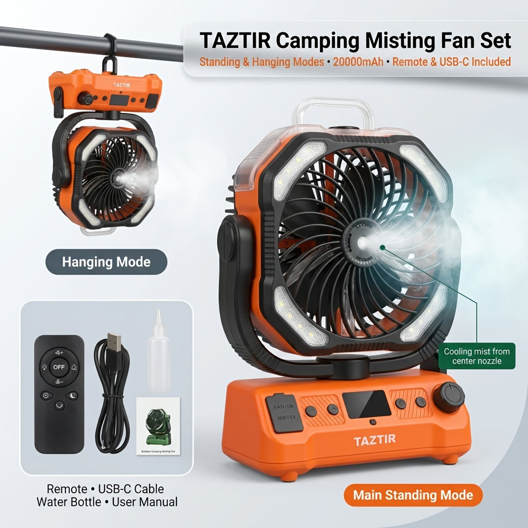 TAZTIR Camping Fan with Listed 20000mAh Battery, Basic or Mist Models in Black or Orange and a Mist+Scalable Option for Tent and Campsite Airflow