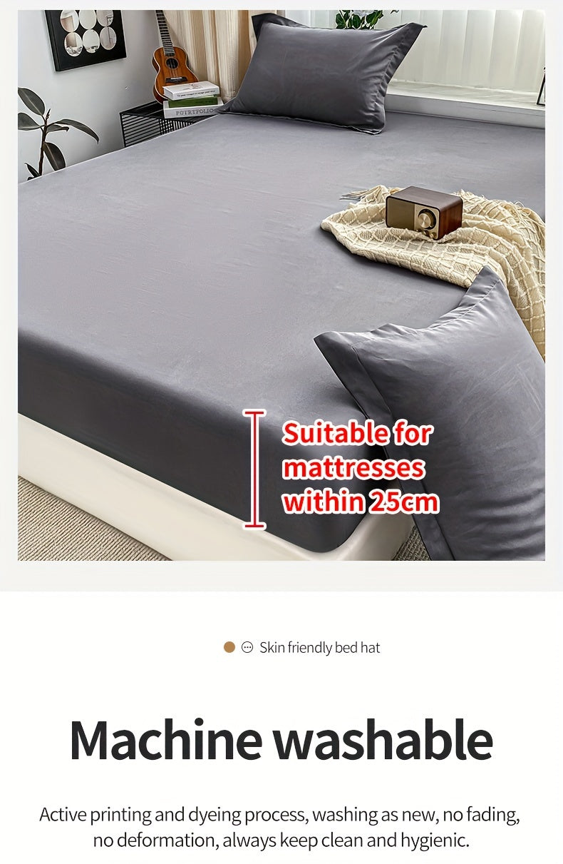 Three-Piece Solid Fitted Sheet and Pillowcase Set, One Soft-Feel Mattress Sheet with Two Pillowcases in Ten Size Labels and Six Colors for Home Bedrooms