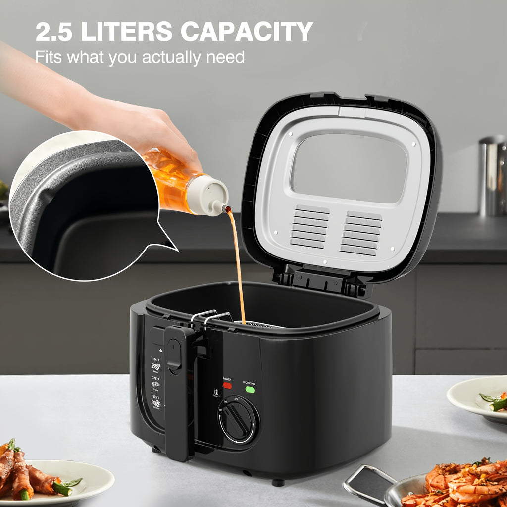 Adjustable Electric Deep Fryer with Listed 1500W Power and 84.54 Oz Capacity, Nonstick Basket, Viewing Window and Removable Lid in Black or White for Home Cooking