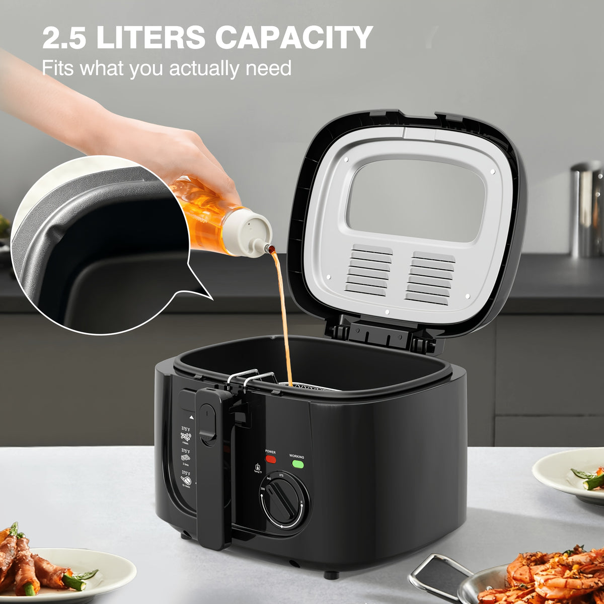 Adjustable Electric Deep Fryer with Listed 1500W Power and 84.54 Oz Capacity, Nonstick Basket, Viewing Window and Removable Lid in Black or White for Home Cooking