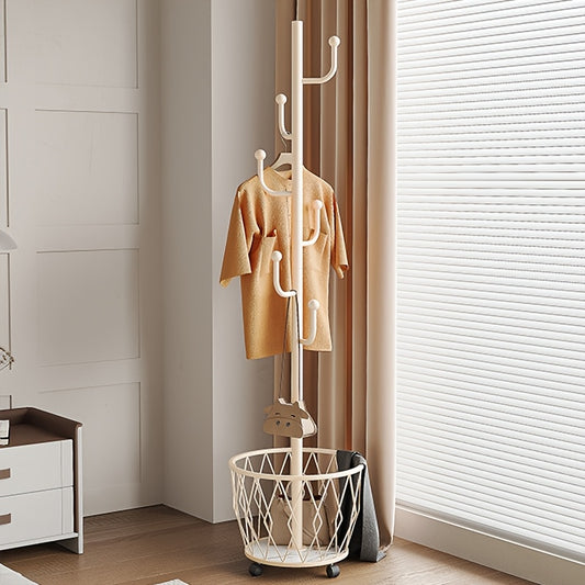 Rolling Coat Rack with Storage Basket, Rotating Carbon Steel Organizer with Hooks and Braked Wheels in White, Black or Gold Color for Entryway and Bedroom