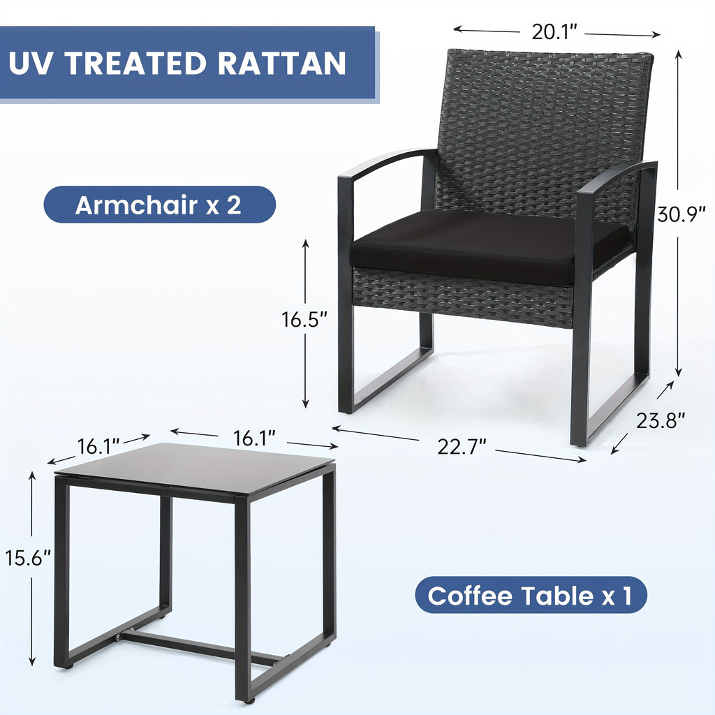 Patio Bistro Set with Black Rattan Styling, 3-Piece Outdoor Furniture with Tempered Glass Table and Gray or Black Cushions for Garden Seating and Coffee