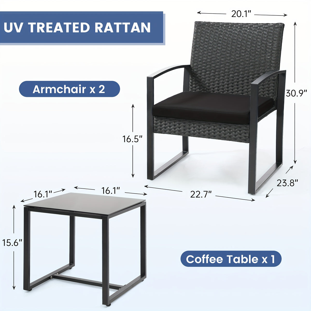 Patio Bistro Set with Black Rattan Styling, 3-Piece Outdoor Furniture with Tempered Glass Table and Gray or Black Cushions for Garden Seating and Coffee
