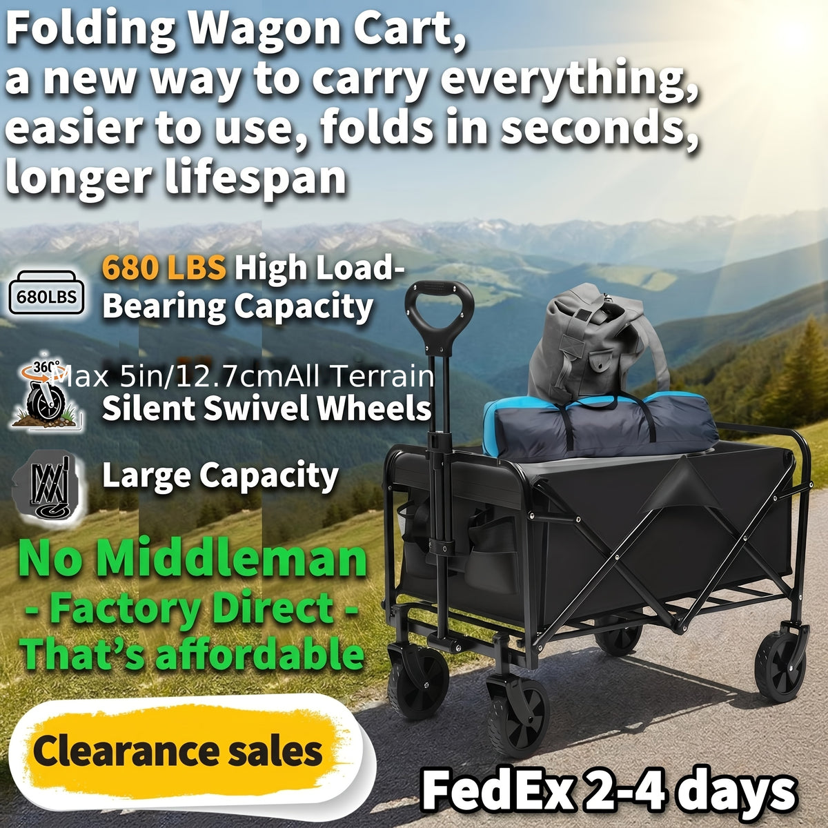 Foldable Utility Cart with Detachable 600D Oxford Fabric and Four Wheels, Alloy Steel Frame Wagon Models for Camping Supplies, Garden Gear and Grocery Transport