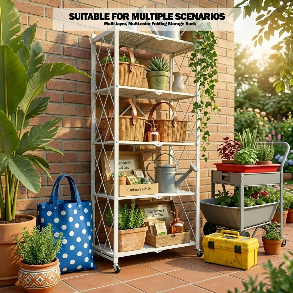 Folding Metal Shelving Unit with Listed Lockable Wheels, 3-, 4- or 5-Tier Storage Rack and Plant Stand in Black, White, Pink or Green for Home Organization