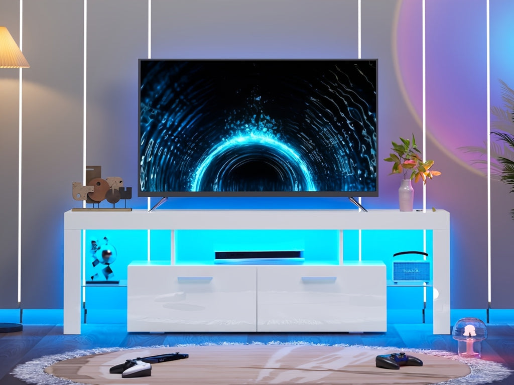 White LED TV Stand with Cabinet Storage and Glass Shelves, Modern Media Console for Living Room and Game Room in 130, 167 or 180 cm Model Options