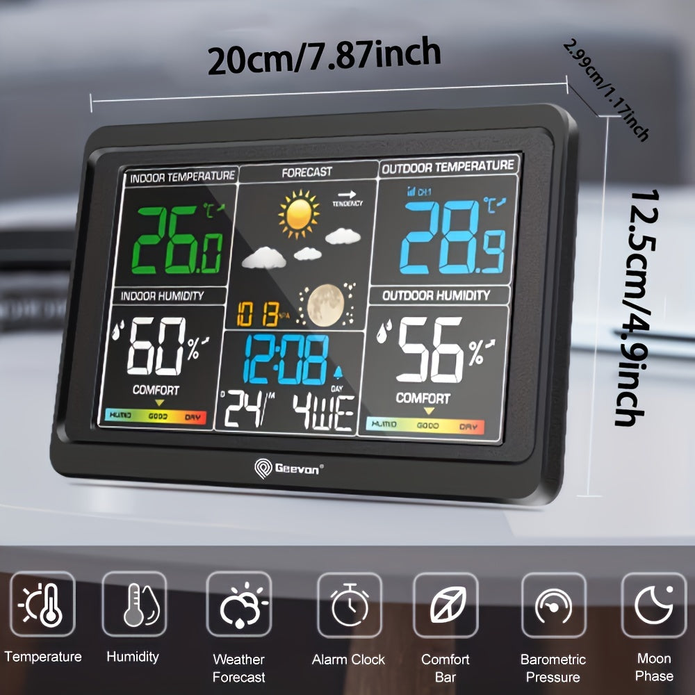Geevon Color Display Weather Station with Listed 7.6-Inch LCD, Indoor Outdoor Temperature and Humidity, Barometer, Alarm Clock and Adjustable Backlight, Black