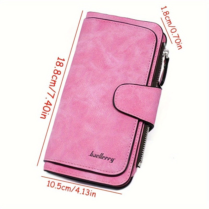 Women's Long Trifold Wallet in Synthetic Leather with 14 Listed Card Slots, Two Photo Slots, Snap Closure and Interior Zipper Pocket in Six Solid Colors