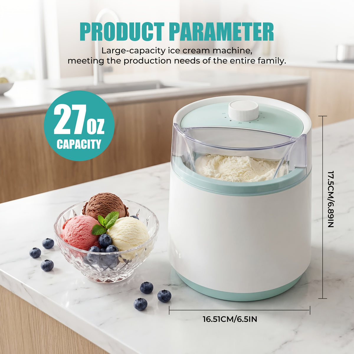 Home Ice Cream Maker with 0.8-Liter White and Green or 2-Liter Stainless Steel Color Options for Homemade Frozen Desserts, Summer Parties and Kitchen Gifts
