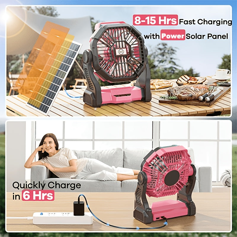 Solar Charging Camping Fan with Listed USB Battery Power and Hanging Hook, X98 Green or Black and X23 Pink, Green or Black Model Options for Picnic and Campsite Airflow