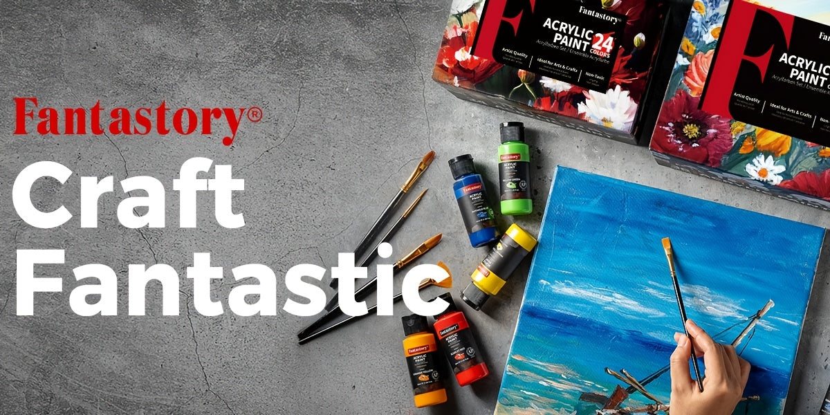 Thick Acrylic Paint Set by Fantastory, 24 Vibrant Colors in Listed 2oz/60ml Sizes with 12 Brushes for Canvas, Wood, Rock, Glass and Ceramic Craft Projects