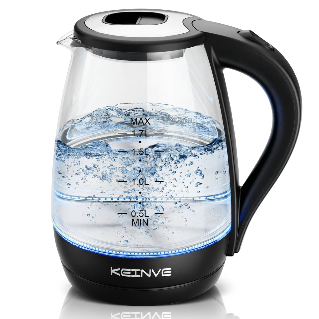 Angled-Spout Electric Kettle with Listed 1.7L Capacity and 1200W Heating, Black or Glass Model Labels, Blue LED and Auto-Shutoff Wording for Hot Water Preparation