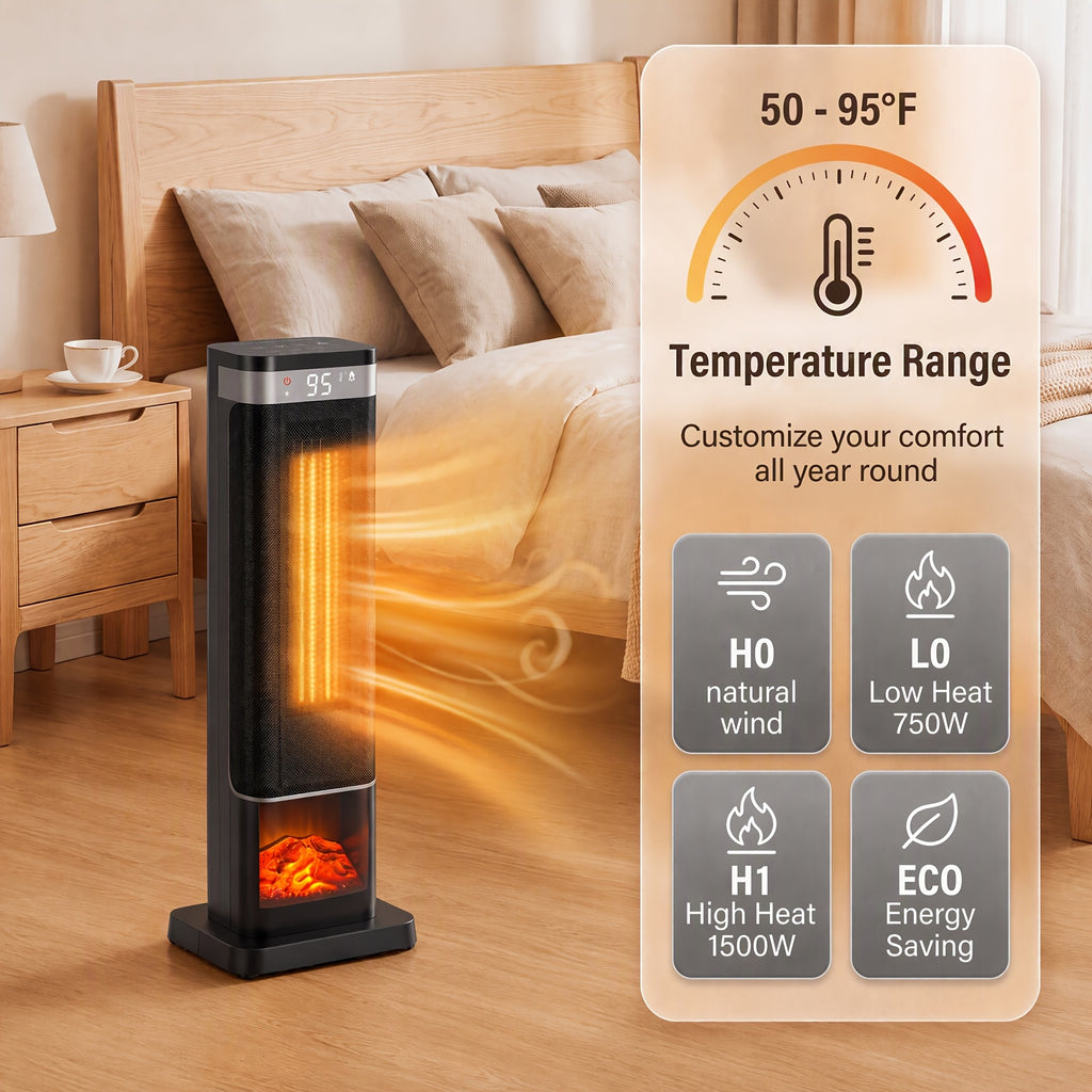 Tower Ceramic Space Heater with Listed 1500W Power, Remote Control, Thermostat, Four Modes and 12-Hour Timer in Round or Square Styles for Supplemental Indoor Warmth