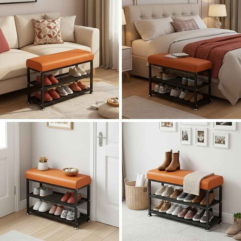 Cushioned Shoe Storage Stool with Metal Frame and Shoe Rack for Entryway, Hallway and Bedroom Organization, Orange or Gray in Large and Small Options