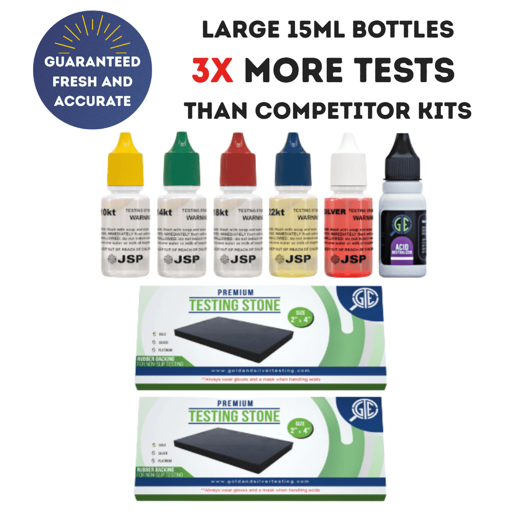 Jewelry Testing Kit with Listed 10K, 14K, 18K, 22K and Silver Solutions, Neutralizer and Two Rubber-Backed Test Stones for Experienced Adult Metal Evaluation