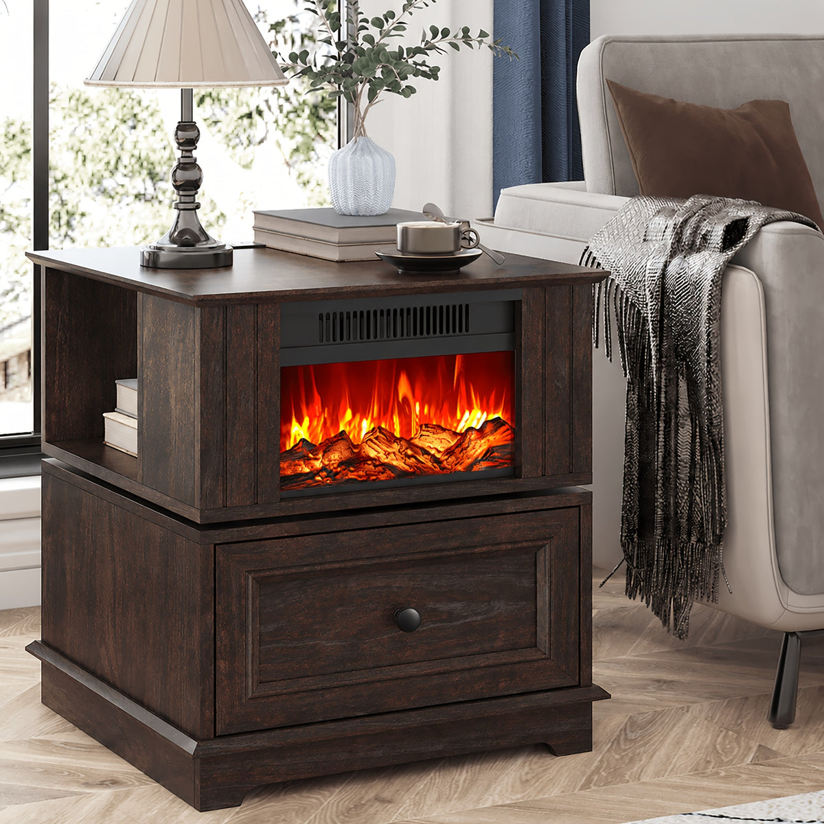 Electric Fireplace End Table with Listed 180-Degree Rotation and 13-Inch Screen, Storage and Charging Station, Six Finish Choices for Living Room Layouts