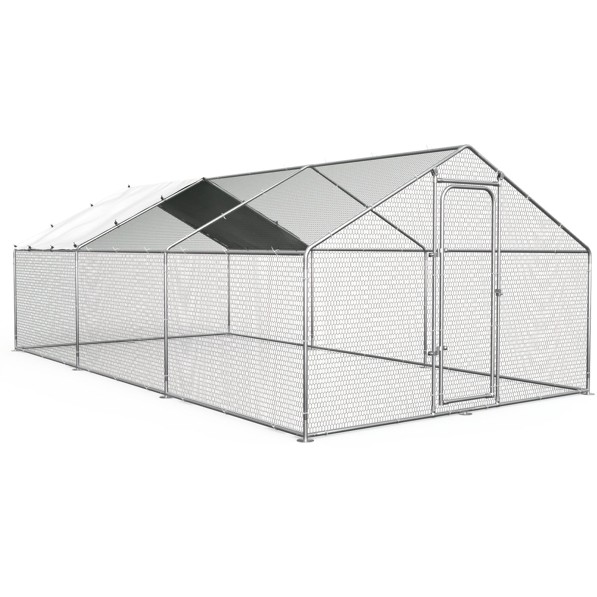 Metal Poultry Run Enclosure by SNDM, Outdoor Chicken Coop Cage with Listed Partial Cover, Mesh Walls, Access Doors and Latches in Three Unit Options