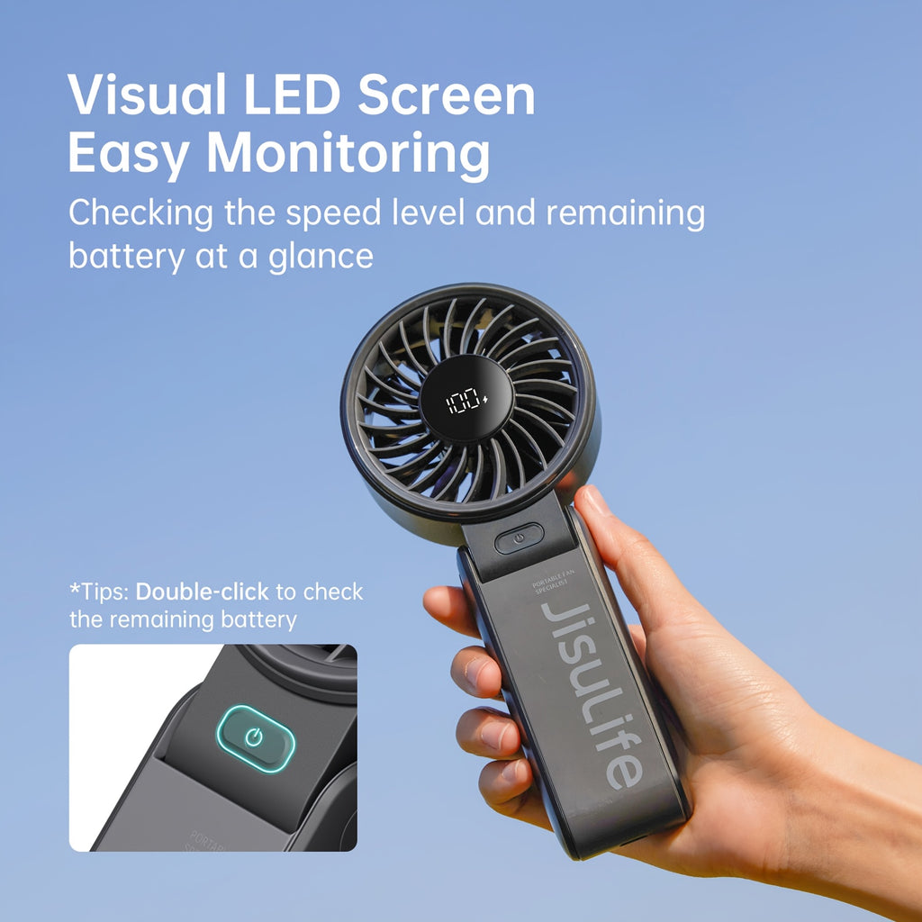 Foldable Handheld Fan JISULIFE Life7 with USB Rechargeable Battery, LED Display and Five Speeds for Desktop, Travel and Festival Use in Grey, Pink or Black