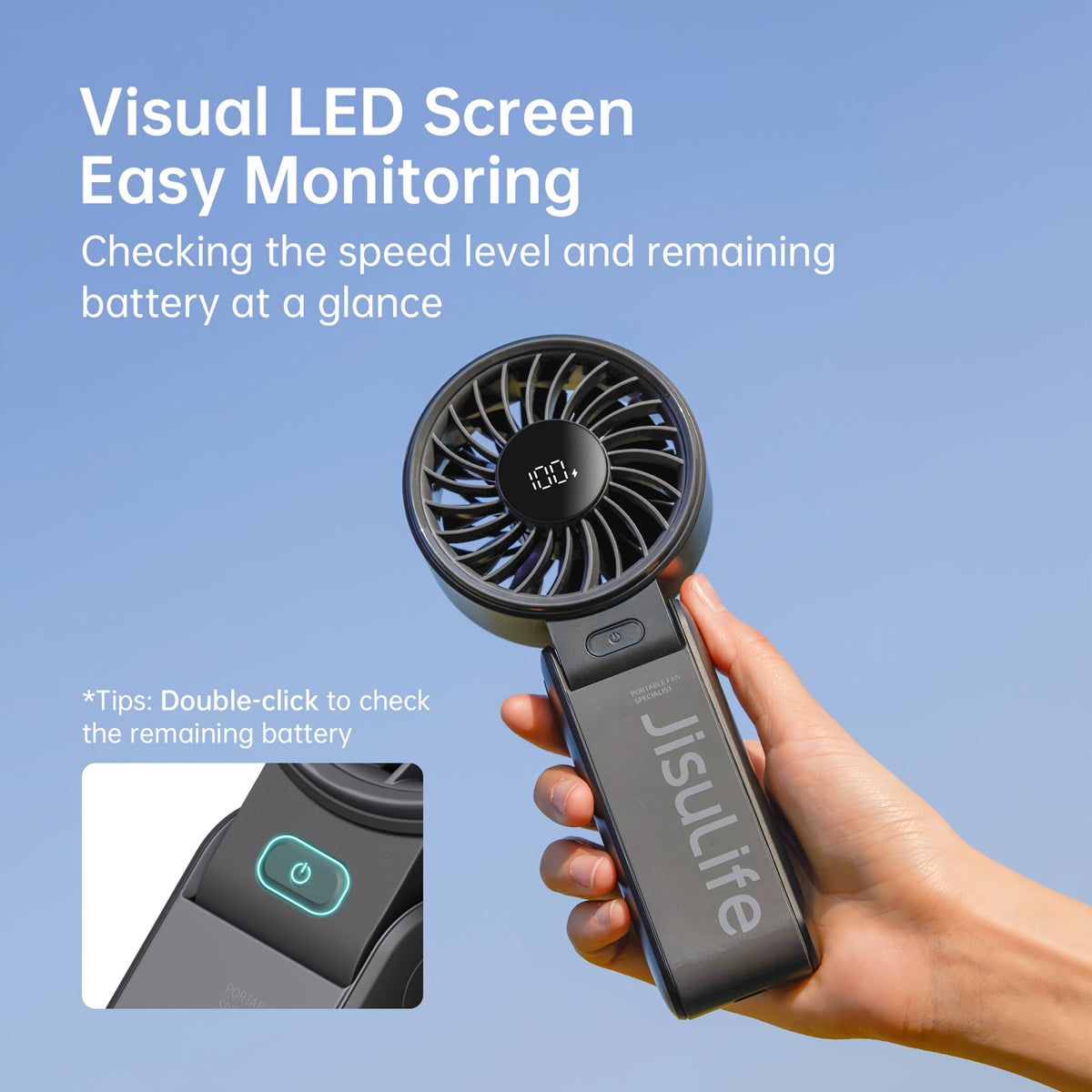Foldable Handheld Fan JISULIFE Life7 with USB Rechargeable Battery, LED Display and Five Speeds for Desktop, Travel and Festival Use in Grey, Pink or Black