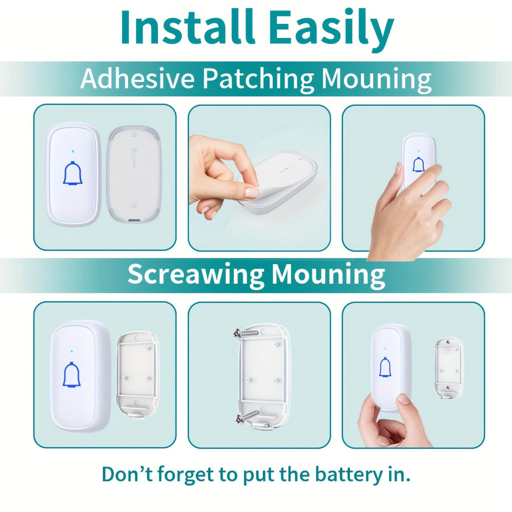 Wireless Doorbell Chime Kit with 1 Button and 2 Chimes, 56 Melodies, 7 Volume Levels and Mute Mode, Listed 1000ft Range for Home and Office