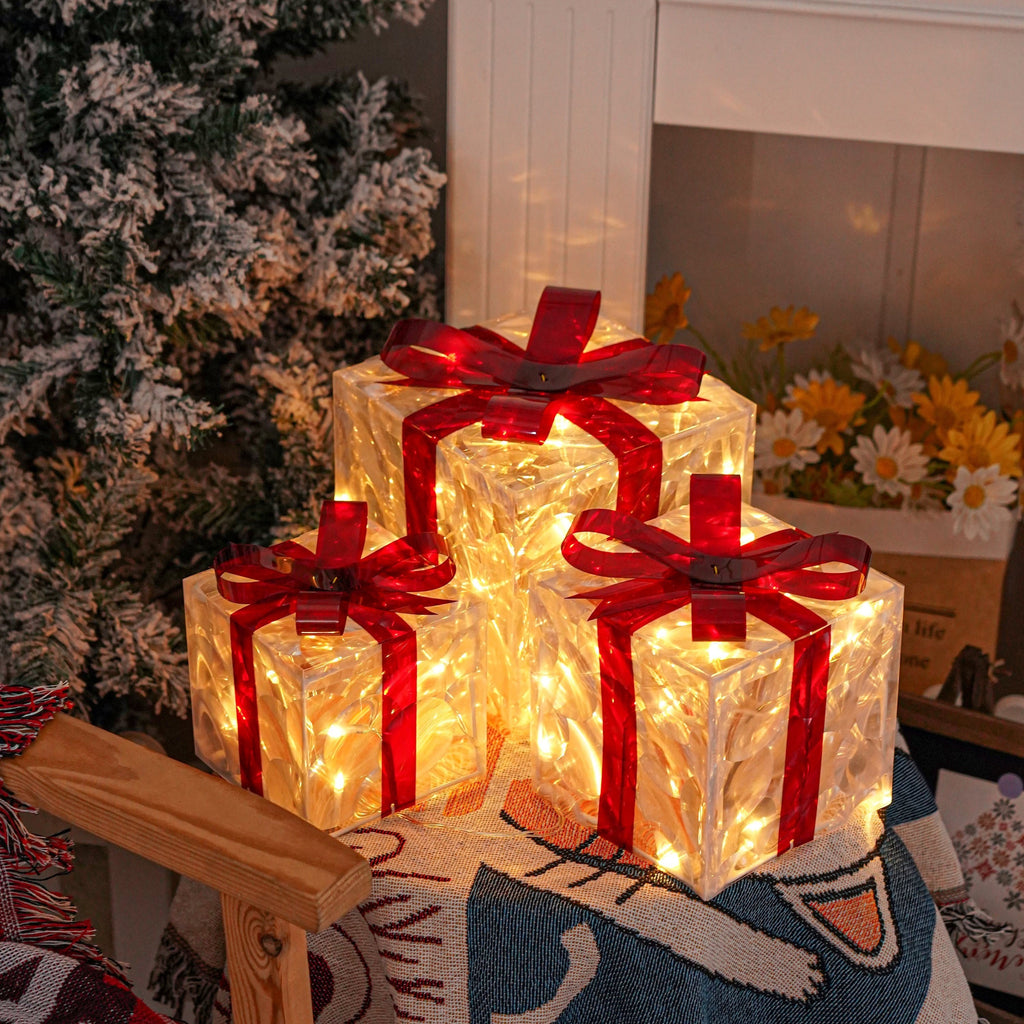 Lighted Christmas Present Boxes, Classic Set of 3 Warm White Decorative Gift Boxes with 60 Listed LEDs, Red Bows, USB or Battery Power and Daily Timer