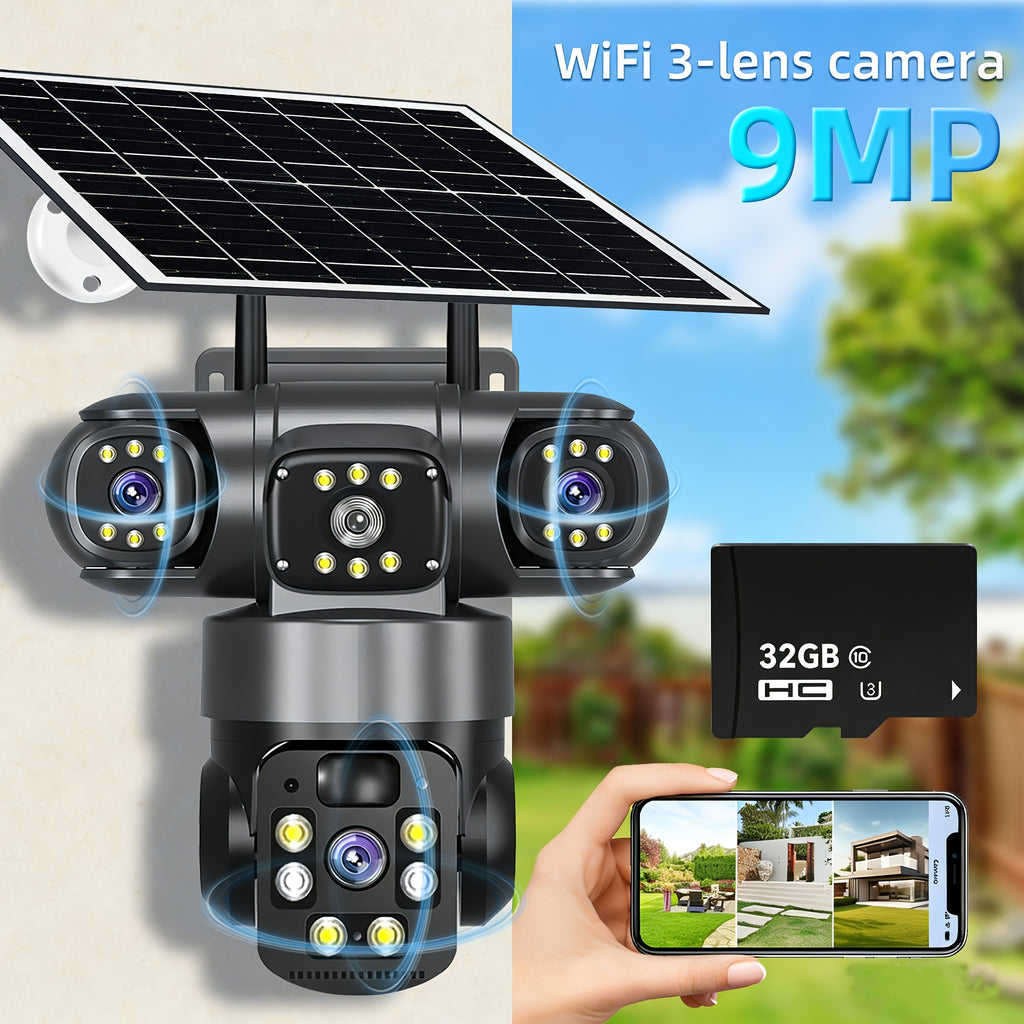 Three-Lens Solar WiFi Security Camera with Listed 355-Degree Pan and 90-Degree Tilt, PIR Alerts, Color Night Vision and Two-Way Audio, Two Package Labels