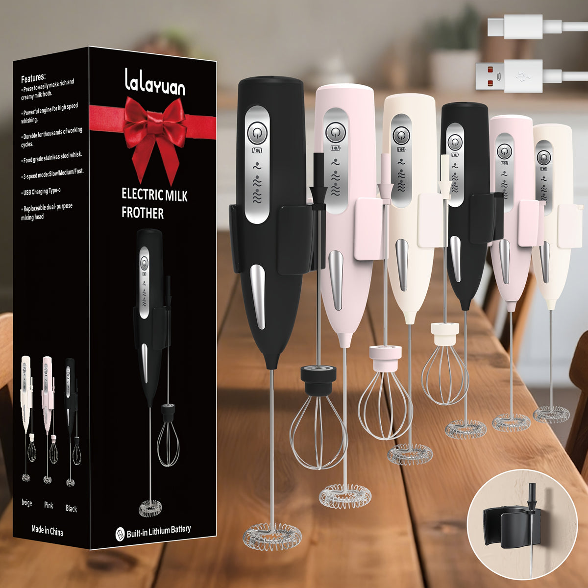 USB Rechargeable Milk Frother with Three Speeds, Handheld Electric Drink Mixer in Four Color Labels with Single Foam Head or Egg and Frother Head Options