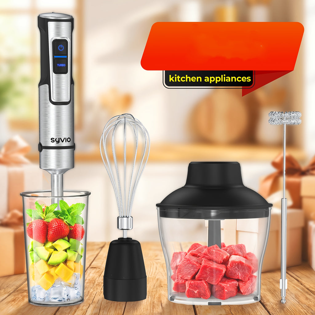 Syvio Immersion Blender 1200W, Heavy Duty 9-in-1 Hand Blender with Screen Time Display and Variable Speed Trigger, Includes Chopper, Whisk, Frother and Beaker for Soup, Puree, Smoothies, Baby Food