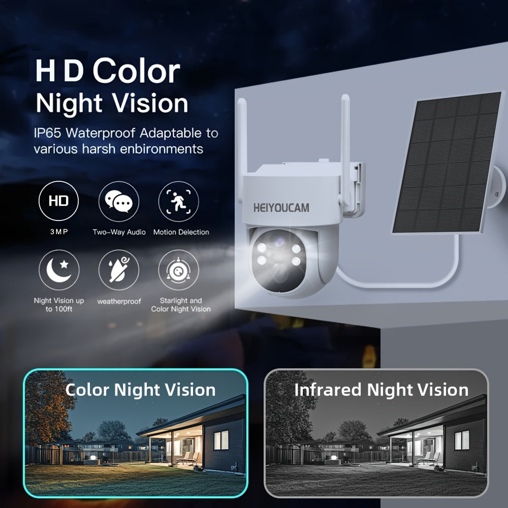 3MP Solar WiFi Security Camera with Human Tracking, Color Night Vision, Two-Way Talk, Siren and Spotlights for Outdoor Monitoring, Standard or 4-Piece Options