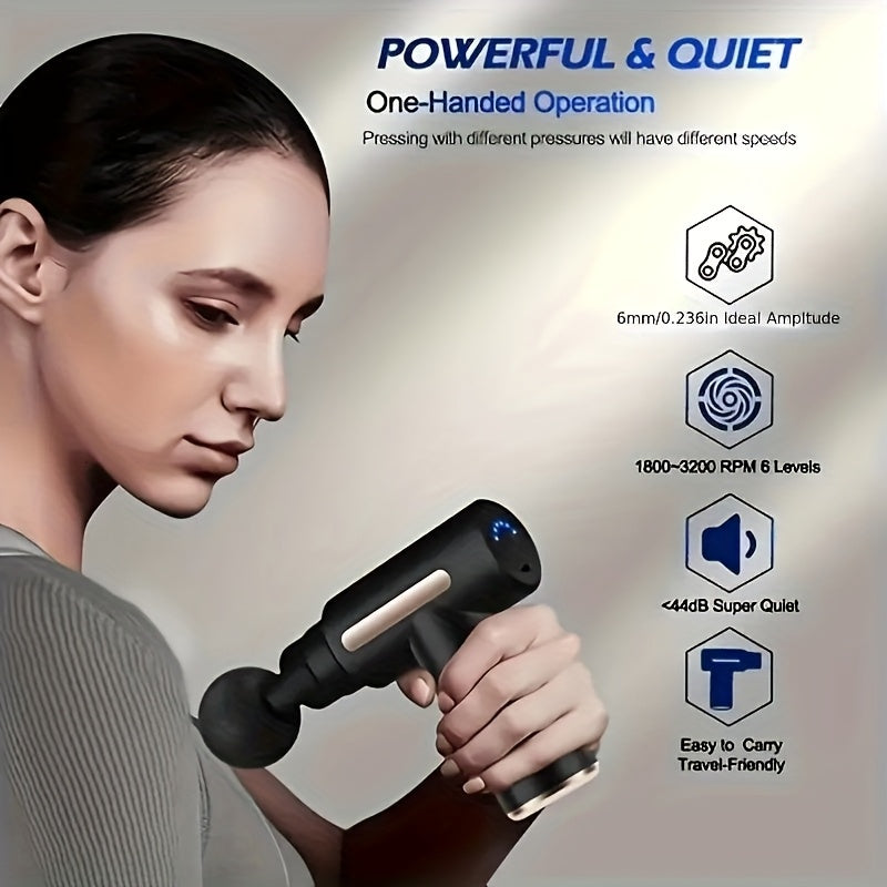 Six-Speed USB Rechargeable Massage Gun with Four Interchangeable Heads and Listed Lithium Battery, Black, Grey, Red or Green for Personal Massage Routines