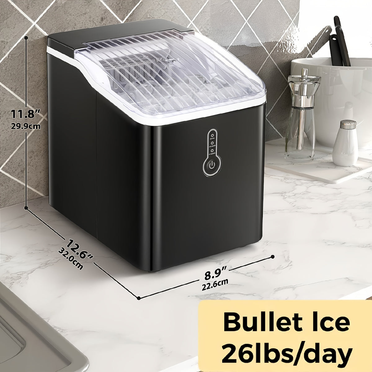 Automatic-Cleaning Countertop Ice Machine with Silvery, Black-Bullet Ice and Grey-Bullet Ice Options for Kitchen Drinks, Home Bar Setup and Party Preparation