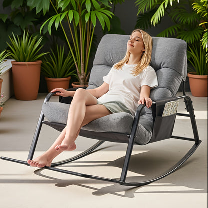 Patio Rocking Chair with Cushion in Papasan Egg Style, Grey, Beige, Khaki or Black with One or Two-Piece Options for Deck Lounging and Garden Reading