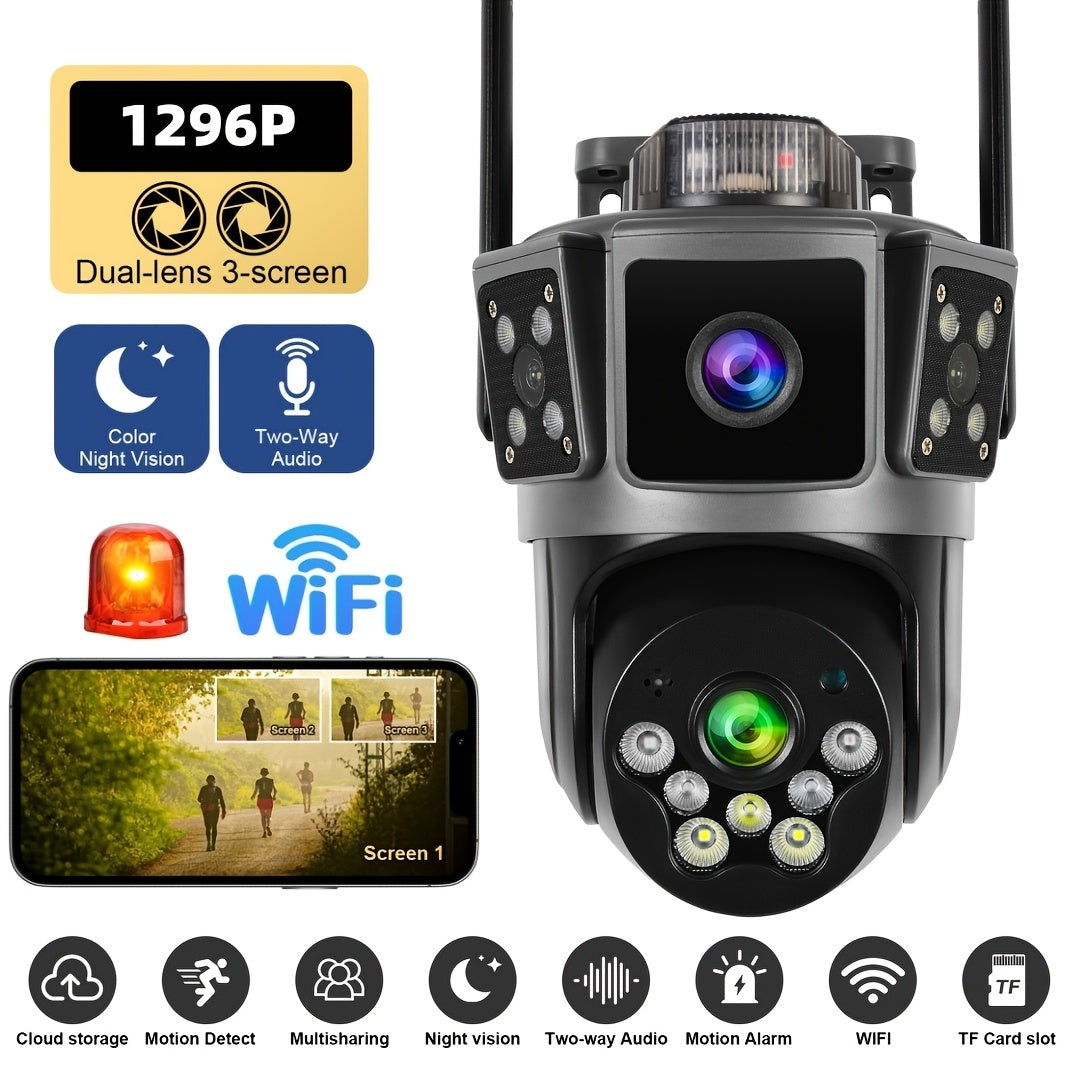 Three-Screen Dual-Lens WiFi Security Camera with Wired DC Power, O-KAM Pro App, 355° Pan and 100° Tilt, Night Vision and Two-Way Audio in White or Grey