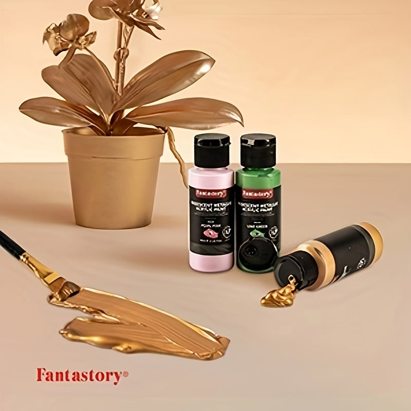 Metallic Iridescent Acrylic Paint Set by Fantastory, 12 Colors in 2oz Bottles with 12 Brushes for Color-Shifting Canvas, Wood, Rock and Ceramic Crafts