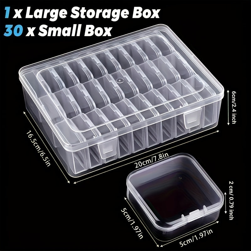 Small Parts Storage Box Set with 30 Mini Containers and One Large Box, 31-Piece Clear Rectangular Plastic Organizer for Beads, Jewelry and Craft Accessories