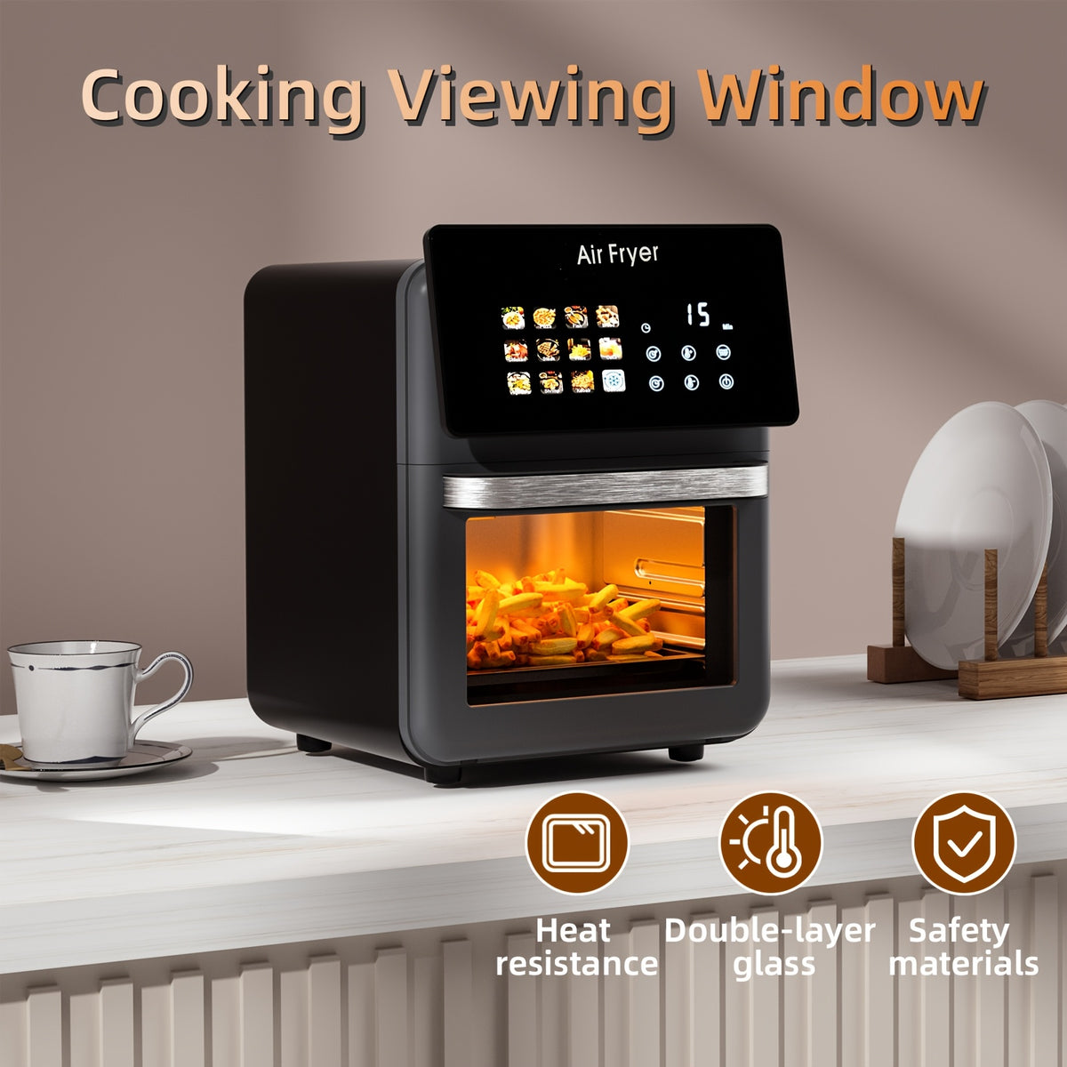12-in-1 Air Fryer Oven and Grill Combo with Listed 2.64gal Capacity, Glass Viewing Window, Nonstick Basket and Removable Door in Beige or Black