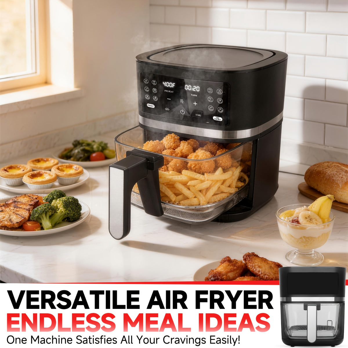 Glass Air Fryer 4.5QT, Non-Toxic 12-in-1 Air Fryer with Dishwasher-Safe Glass Basket, PFOA PFAS Free, Programmable Time and Temperature, Graphite Countertop Cooker